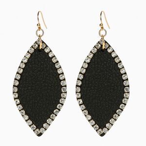 Black Faux Leather Teardrop Earrings Plastic Rhinestone Border Gold Tone Metal